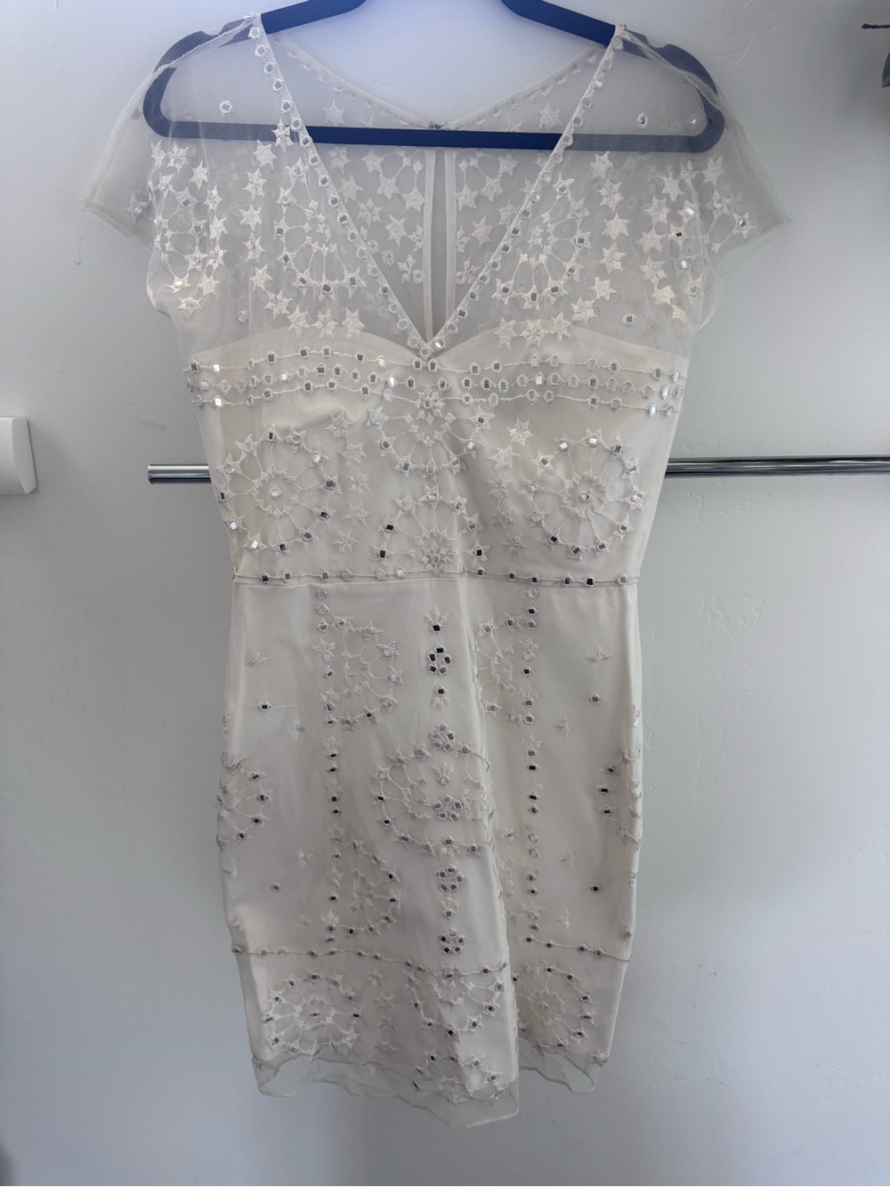 FRENCH CONNECTION Ivory Embellished Sheer-Overlay Mini Dress